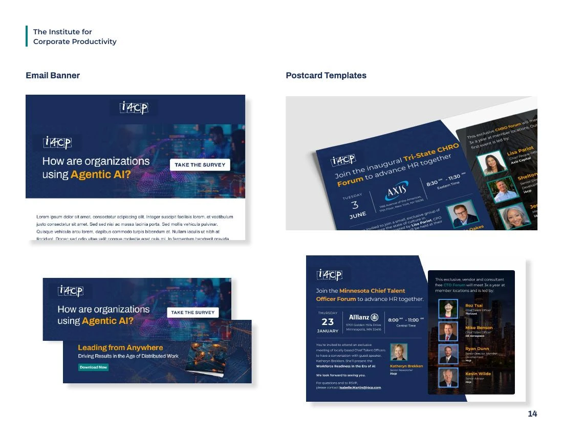 Email banners and printed postcards extend the system.