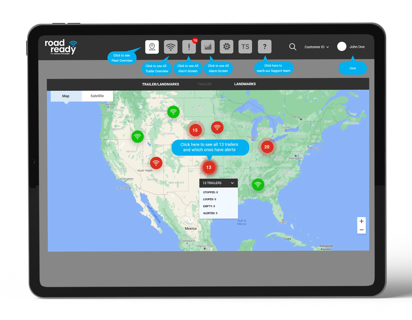 Tablet sales-demo artwork: a fleet overview with navigation and status annotations.